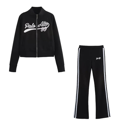 Relaxation Casual Women's Black Pants Set Embroidered Varsity Jacket Matching Varsity Flared Pants with Contrasting Side Stripes