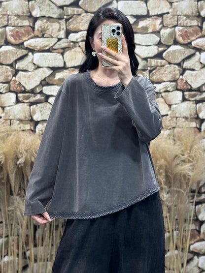 Amax LuluE Womens Fashion Korean Luxury Tops Ladies 2025 Autumn Leisure Vintage Tee Shirts Loose Cotton O Neck Fitness Clothing