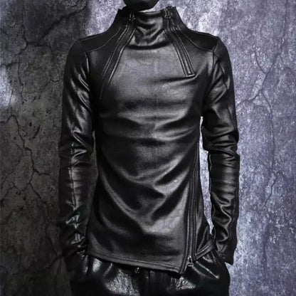 Winter Fleece-lined Thick Warm Sweatshirts Men's Slim-Fitting Cool Stitching Irregular Stand Collar Fashion Bottoming Shirt