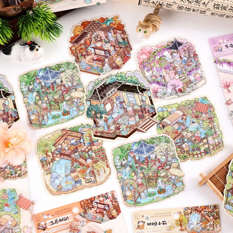 Rertro Cute Cartoon Chinese Courtyard 3D Sticker Set DIY Garden Miniature Diorama Decals Landscape Stickers for Journaling