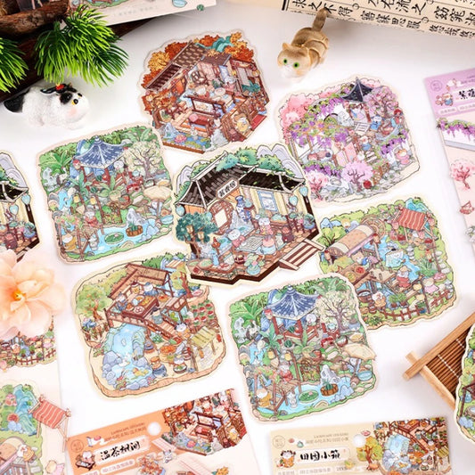 Rertro Cute Cartoon Chinese Courtyard 3D Sticker Set DIY Garden Miniature Diorama Decals Landscape Stickers for Journaling