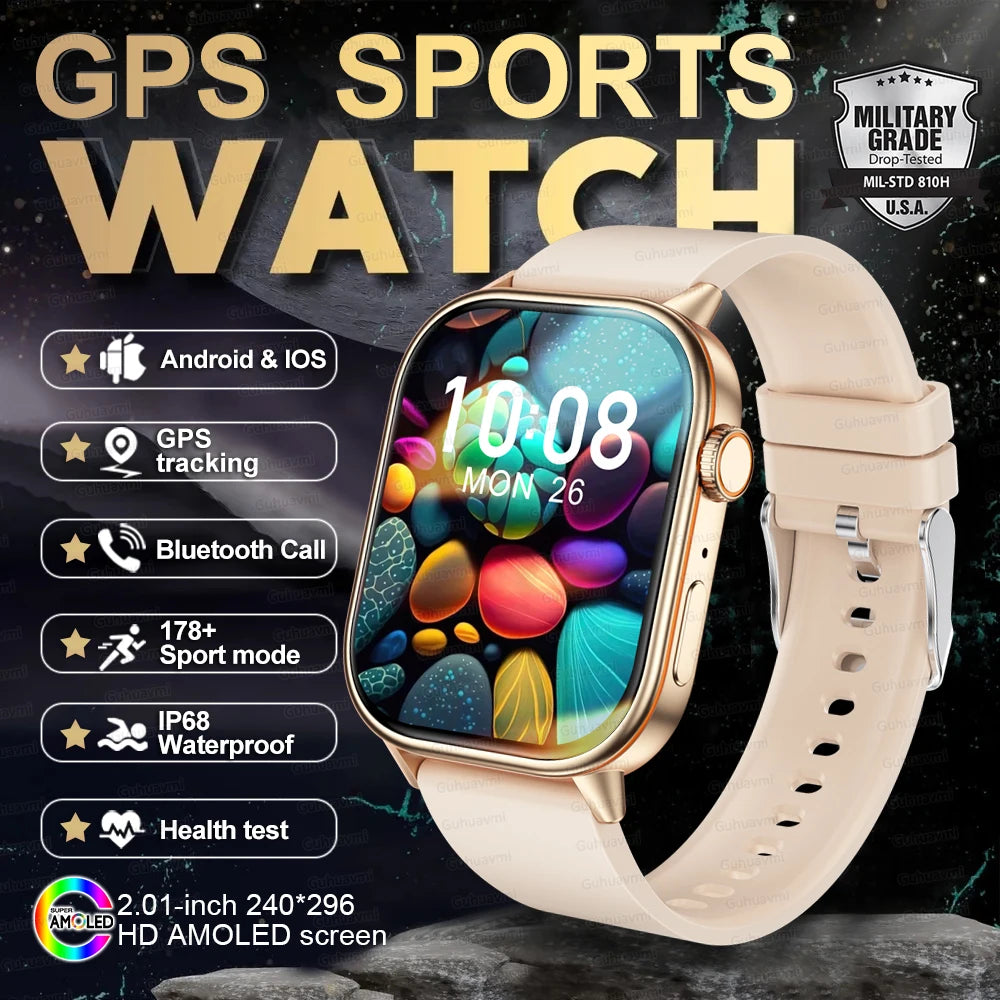 2025 New Outdoor Military GPS Smart Watch 2.01-inch AMOLED Screen BT Call 178+ Sport Mode IP68 Waterproof Smartwatches Man Women