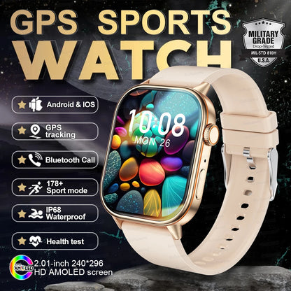 2025 New Outdoor Military GPS Smart Watch 2.01-inch AMOLED Screen BT Call 178+ Sport Mode IP68 Waterproof Smartwatches Man Women