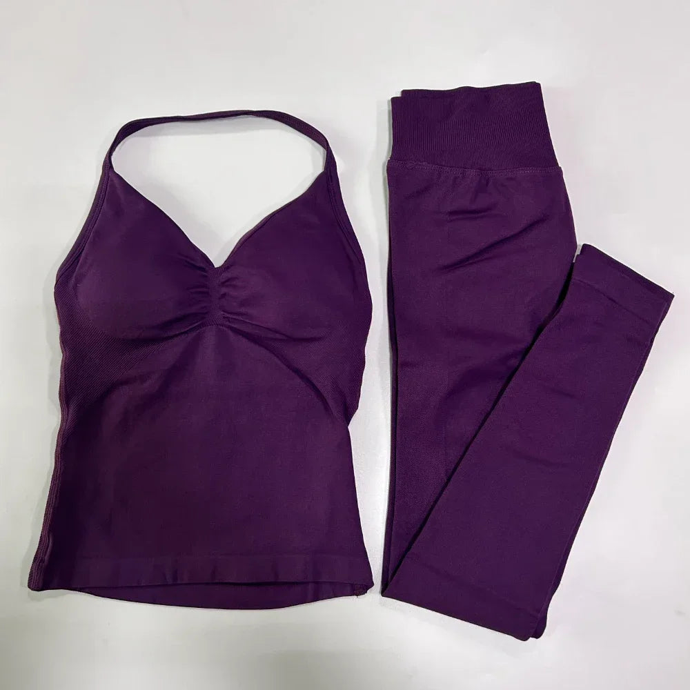 2Pcs Gym Set Women Backless Tank Tops High Waist Scrunch Seamless Shorts Gym Suit Fitness Clothes Activewear Workout Set
