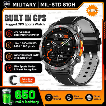 2026 Outdoor GPS Sports Smart Watch Men Built in GPS Compass 5ATM Waterproof Bluetooth Call HD AMOLED Screen Fitness Smartwatch