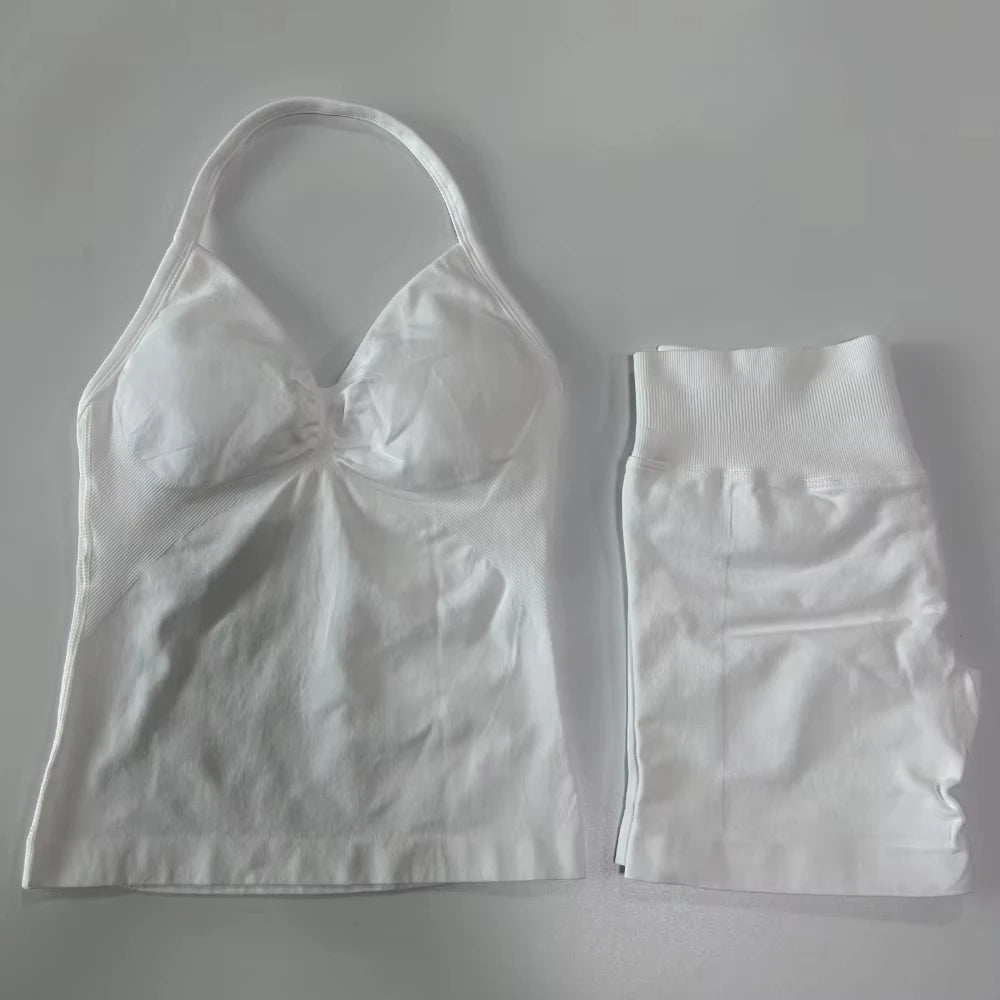 2Pcs Gym Set Women Backless Tank Tops High Waist Scrunch Seamless Shorts Gym Suit Fitness Clothes Activewear Workout Set