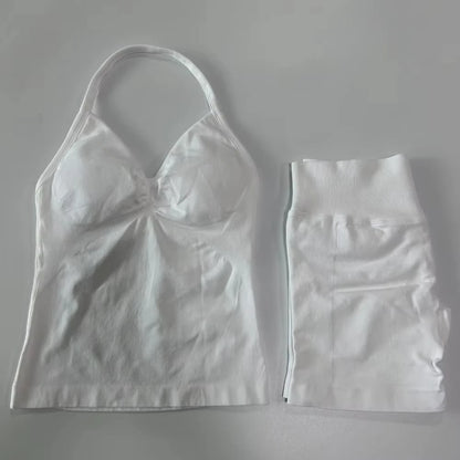 2Pcs Gym Set Women Backless Tank Tops High Waist Scrunch Seamless Shorts Gym Suit Fitness Clothes Activewear Workout Set