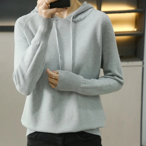 Women Sweater 2025 Autumn Winter Hooded Pullovers Long Sleeve Bottoming Shirts Loose Knitted Jumpers Solid Casual Ladies Sweater