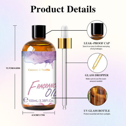 100ml Coconut & Vanilla Fragrance Oil for Humidifier Diffuser White Musk Bubble Gum Black Orchid Essential Oil for Candle Making
