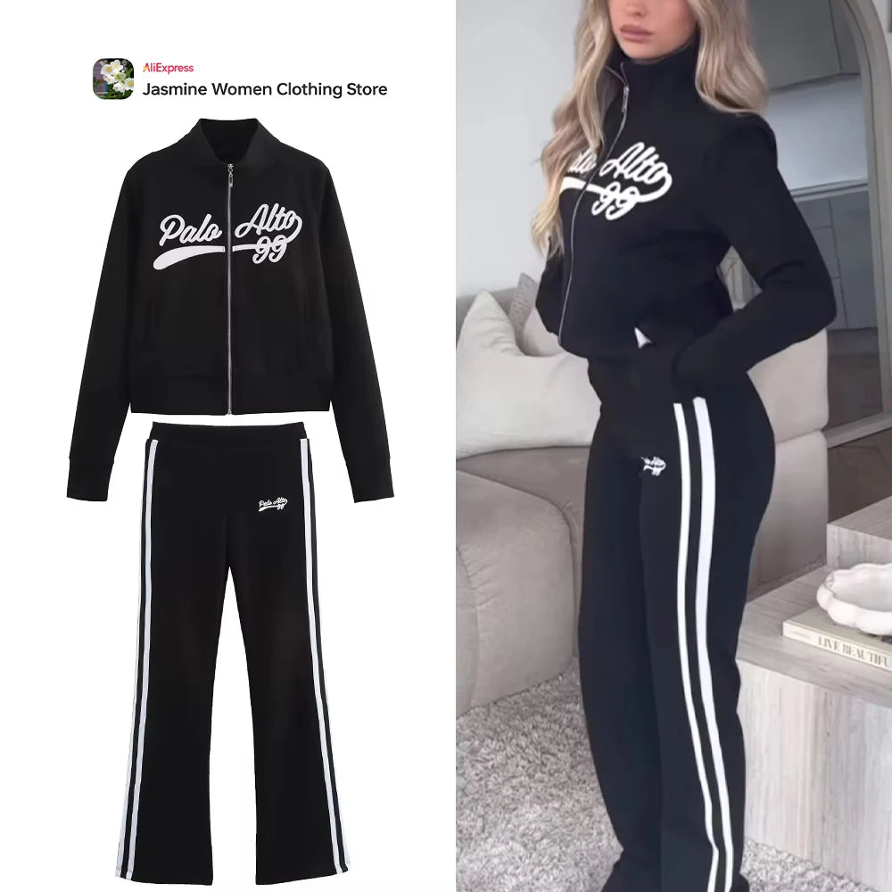 Relaxation Casual Women's Black Pants Set Embroidered Varsity Jacket Matching Varsity Flared Pants with Contrasting Side Stripes