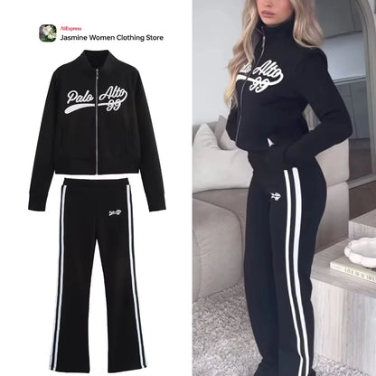 Relaxation Casual Women's Black Pants Set Embroidered Varsity Jacket Matching Varsity Flared Pants with Contrasting Side Stripes