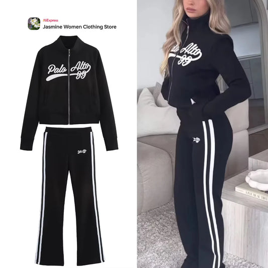 Relaxation Casual Women's Black Pants Set Embroidered Varsity Jacket Matching Varsity Flared Pants with Contrasting Side Stripes