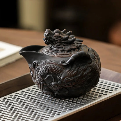Jianshui Clay Purple Pottery Carving Dragon Teapot Hand Painted Antique Relief Teapot Household Teapot Kungfu Tea Set Kettle