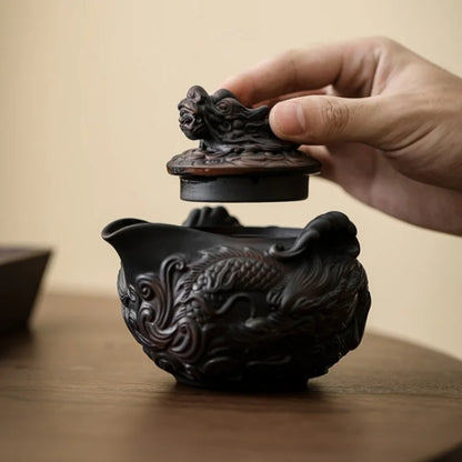 Jianshui Clay Purple Pottery Carving Dragon Teapot Hand Painted Antique Relief Teapot Household Teapot Kungfu Tea Set Kettle