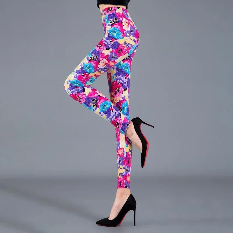 Women Floral Printed Exercise Colorful Peony Flower Female Elastic Leggins High Waist Pants Push Up Trousers Fitness Leggings