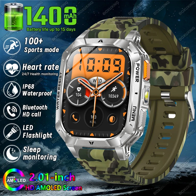 Rugged Military Smart Watch 1400mAh Battery Fitness Tracking IP68 Waterproof Tactical Sports Flashlight 2026 New Men Smartwatch