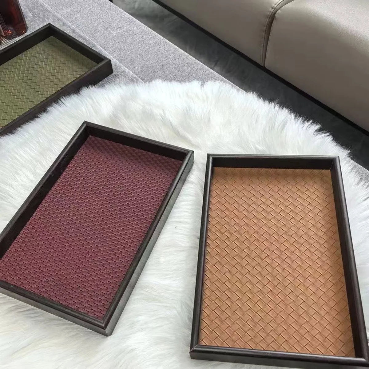 Elegant Woven Faux Leather Tray for Cosmetics, Perfume & Aromatherapy Storage Tray - Key Holder & Decorative Storage Plate