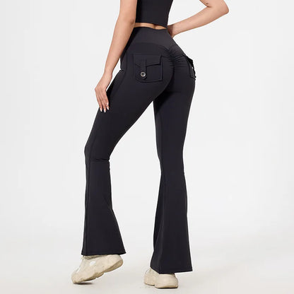 Workwear Pocket Pants, Women's Peach Bell Bottom Pants, Hip Lifting Sports Leggings, Fitness Pants, Micro Bell Bottom Pants