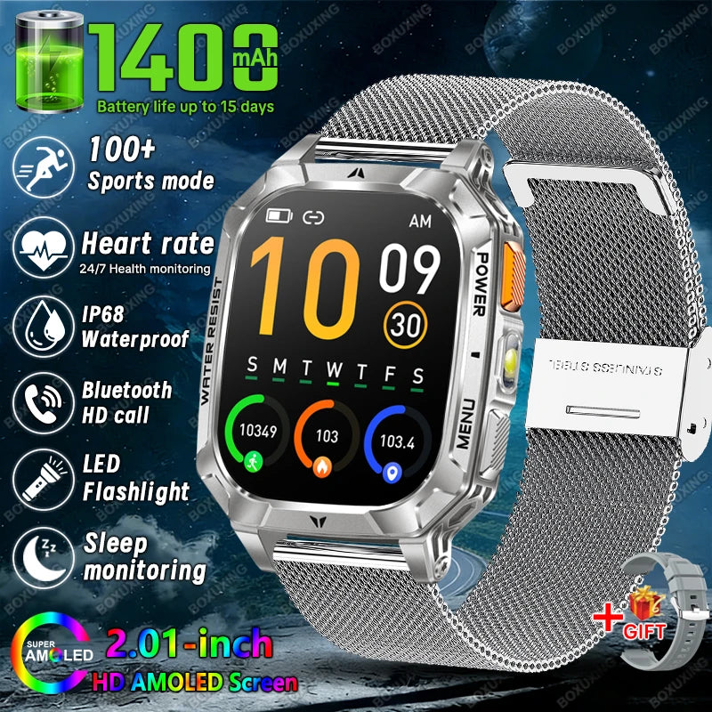 2026 New 1400 mAh Battery Military Grade Smart Watch Men IP68 Waterproof 100+ Sports Modes Bluetooth Call AMOLED HD Smartwatches