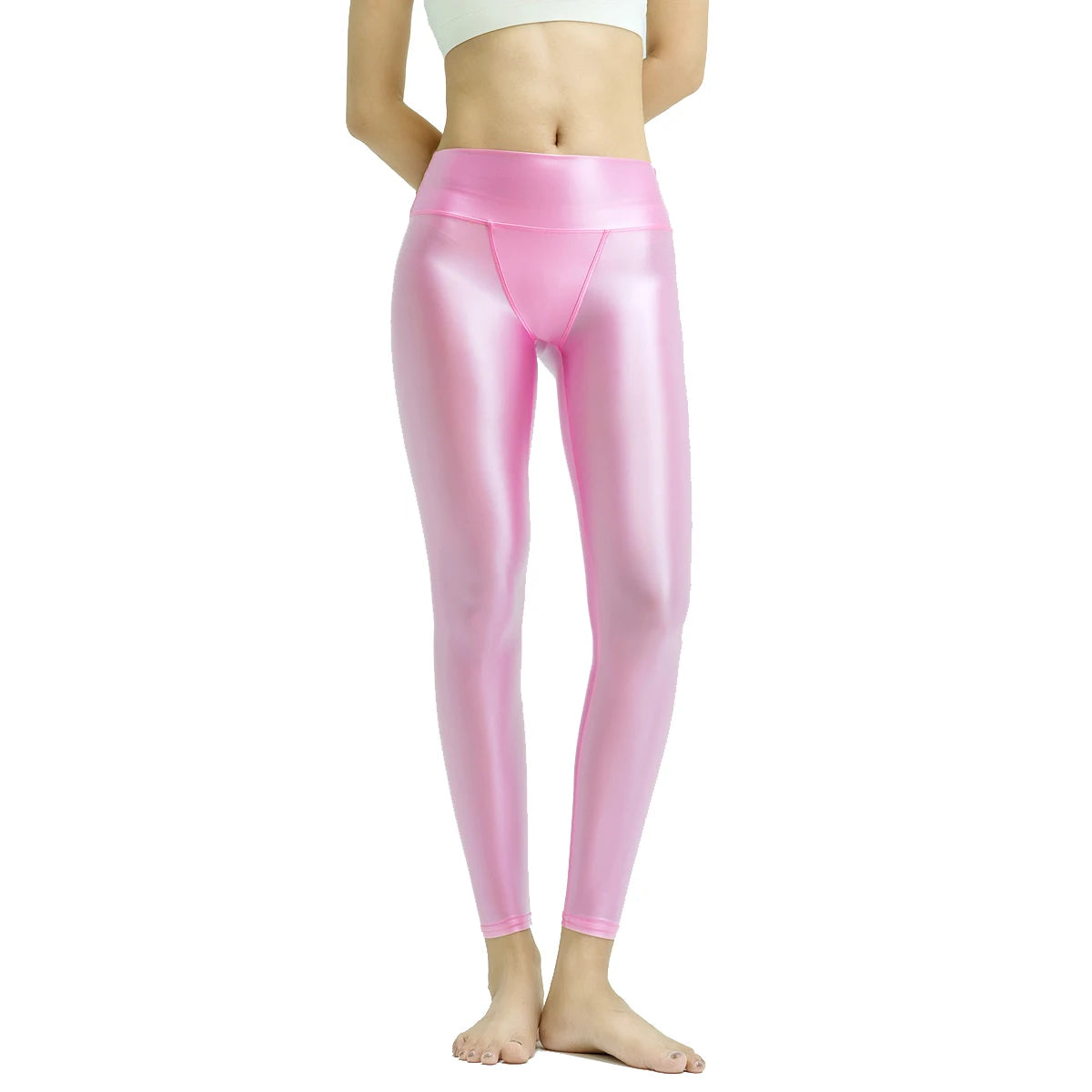 MJINM Sexy Glitter Soft Smooth High Waist Double-layered Small V-crotch Ankle-length Pants Yoga Fitness Gymnastic Tight Leggings