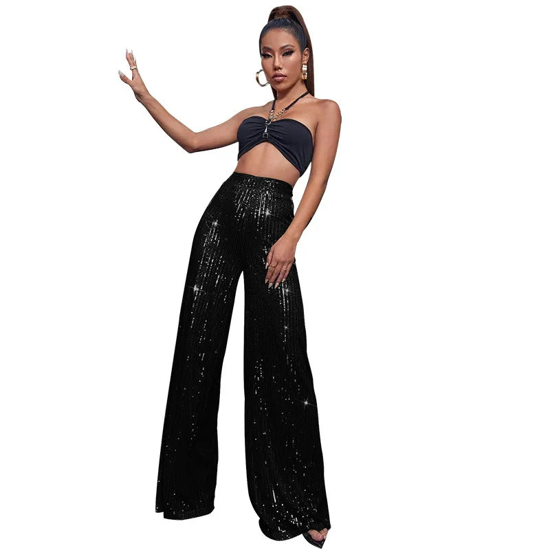 Vintage Bling Bling Sequined Pants Sexy Women High Waist Elegant Night Club Shiny Sequins Trousers