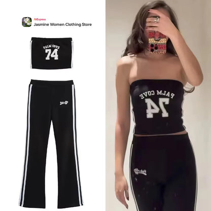 Relaxation Casual Women's Black Pants Set Embroidered Varsity Jacket Matching Varsity Flared Pants with Contrasting Side Stripes