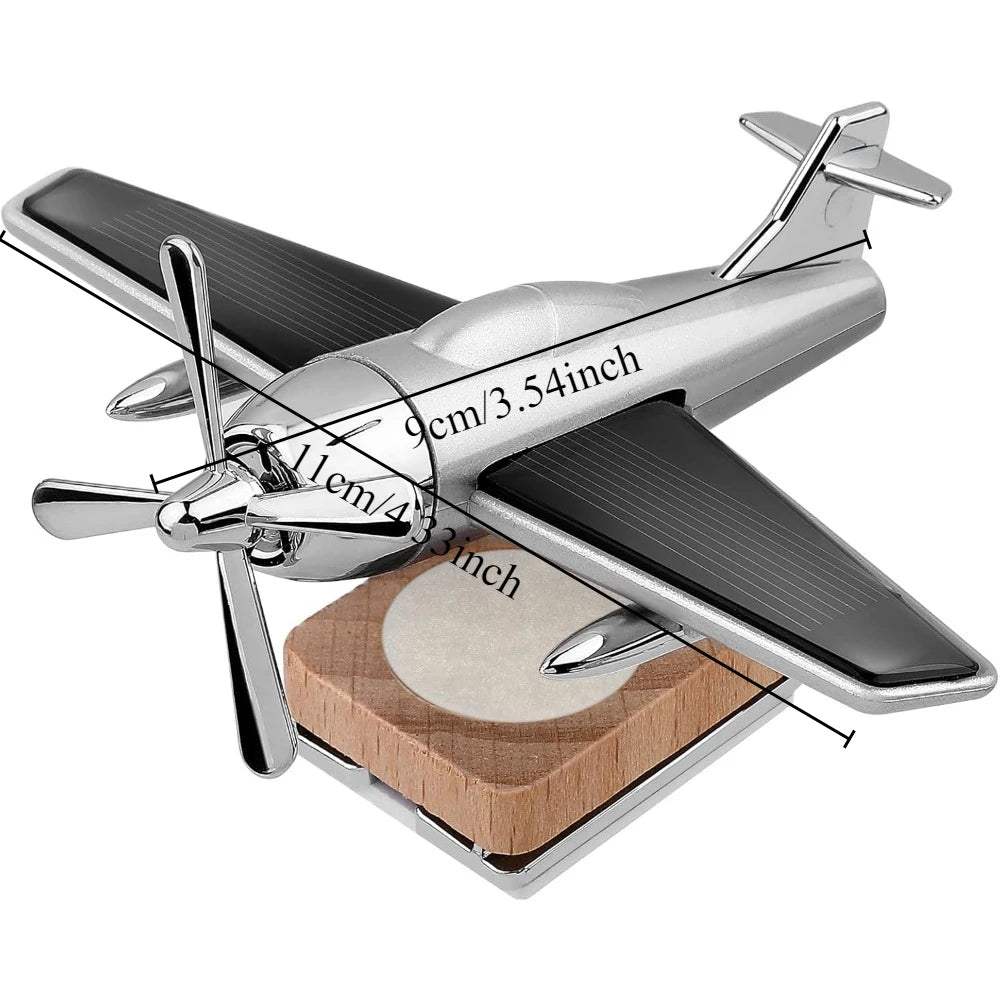  ﻿ Alloy Solar Airplane Car Diffuser Wooden Base Fragrance Diffuser Energy Rotate Airplane Ornaments for Car Office Home Decor