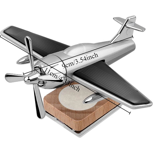  ﻿ Alloy Solar Airplane Car Diffuser Wooden Base Fragrance Diffuser Energy Rotate Airplane Ornaments for Car Office Home Decor