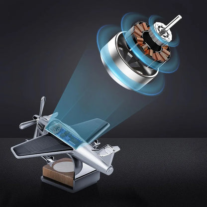  ﻿ Alloy Solar Airplane Car Diffuser Wooden Base Fragrance Diffuser Energy Rotate Airplane Ornaments for Car Office Home Decor