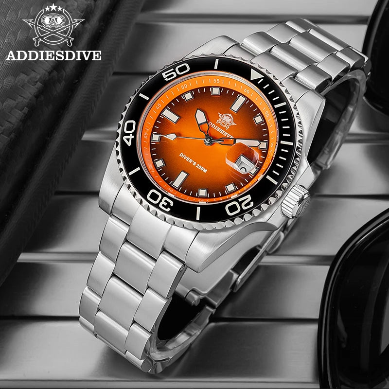 ADDIESDIVE New 41mm Men Watch Diving 200m Waterproof  AD2089 Top Brand Diver Wristwatch Stainless Steel Luminous Leisure Watch