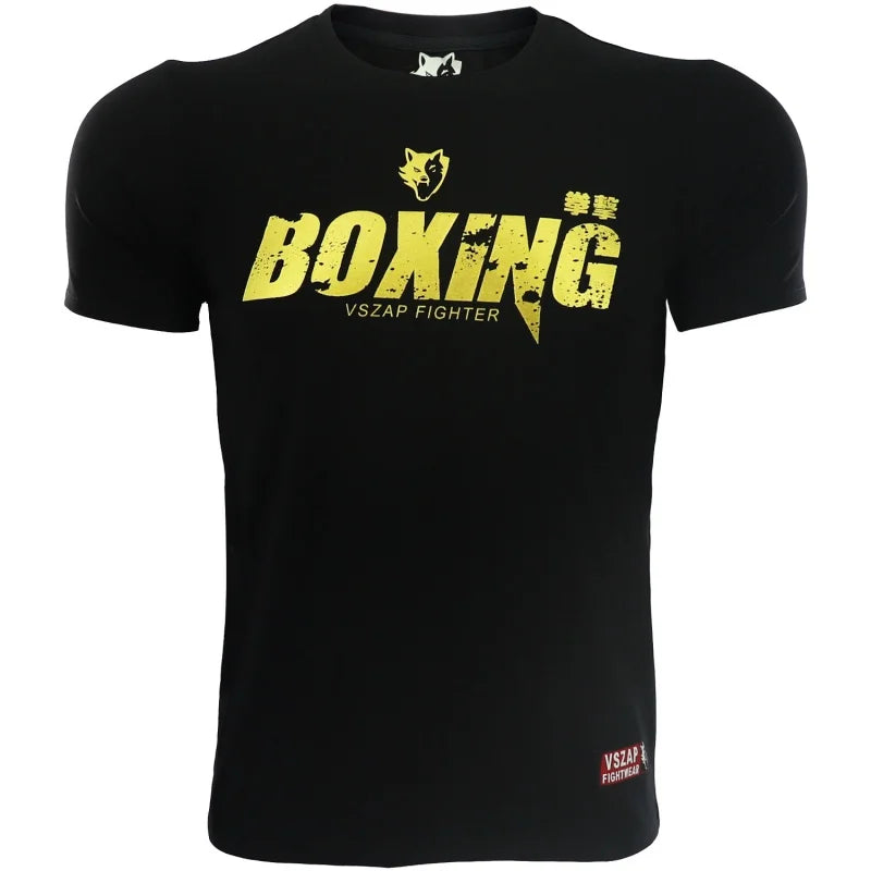 Vszap Muay Thai Comprehensive Fighting Boxing Golden Fitness T-shirt Men's Top Sports Casual Pure Cotton Stretch MMA Fight