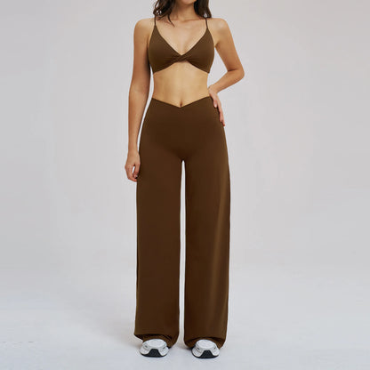 Yoga Set - Backless Bra + Cross Waist Wide Leg Pants Fitness Suit, Jogging Tracksuit Active Wear Workout Loungewear Sports Gym