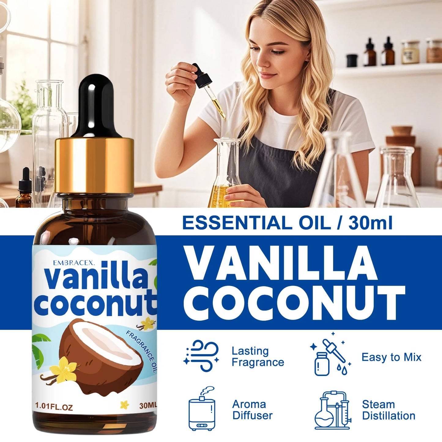 30ml Vanilla coconut Essential Oil For Diffusers, Car Air Freshener Oil  DIY Projects,candle making Long Lasting Scent，Gifts