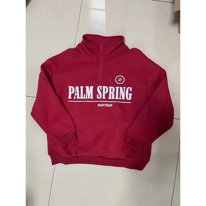 Zekye Spring Hoodies Women Letter Print Sweatshirt Hoodie Red Turtleneck Half Zipper Collar Pullover Tops K Pop Clothes Y2k