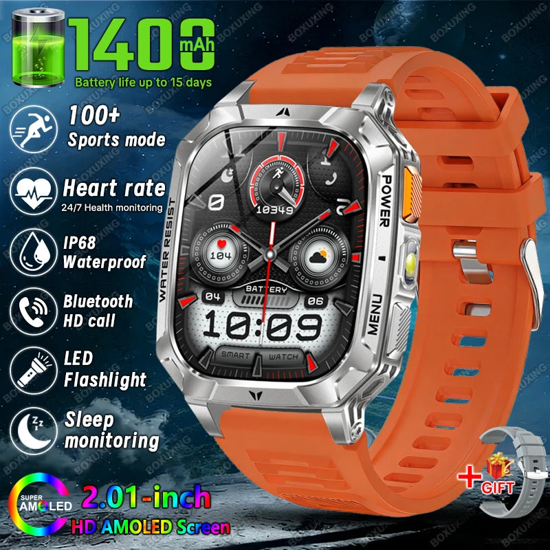 2026 New 1400 mAh Battery Military Grade Smart Watch Men IP68 Waterproof 100+ Sports Modes Bluetooth Call AMOLED HD Smartwatches