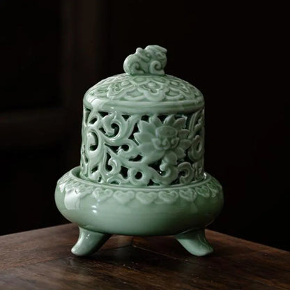 Celadon Hollow Floral Pattern Tripod Aromatherapy Burner Coil Incense Holder Indoor Tea Ceremony Fragrance Censer Home Decor