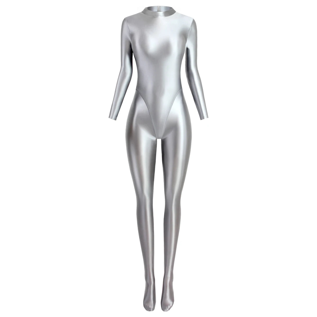 MJINM Glitter Shiny Satin High Stretch V-crotch Longsleeve Back Zipper Yoga Fitness Jumpsuit Bodysuit Playsuit Catsuit Homewear