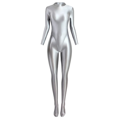 MJINM Glitter Shiny Satin High Stretch V-crotch Longsleeve Back Zipper Yoga Fitness Jumpsuit Bodysuit Playsuit Catsuit Homewear