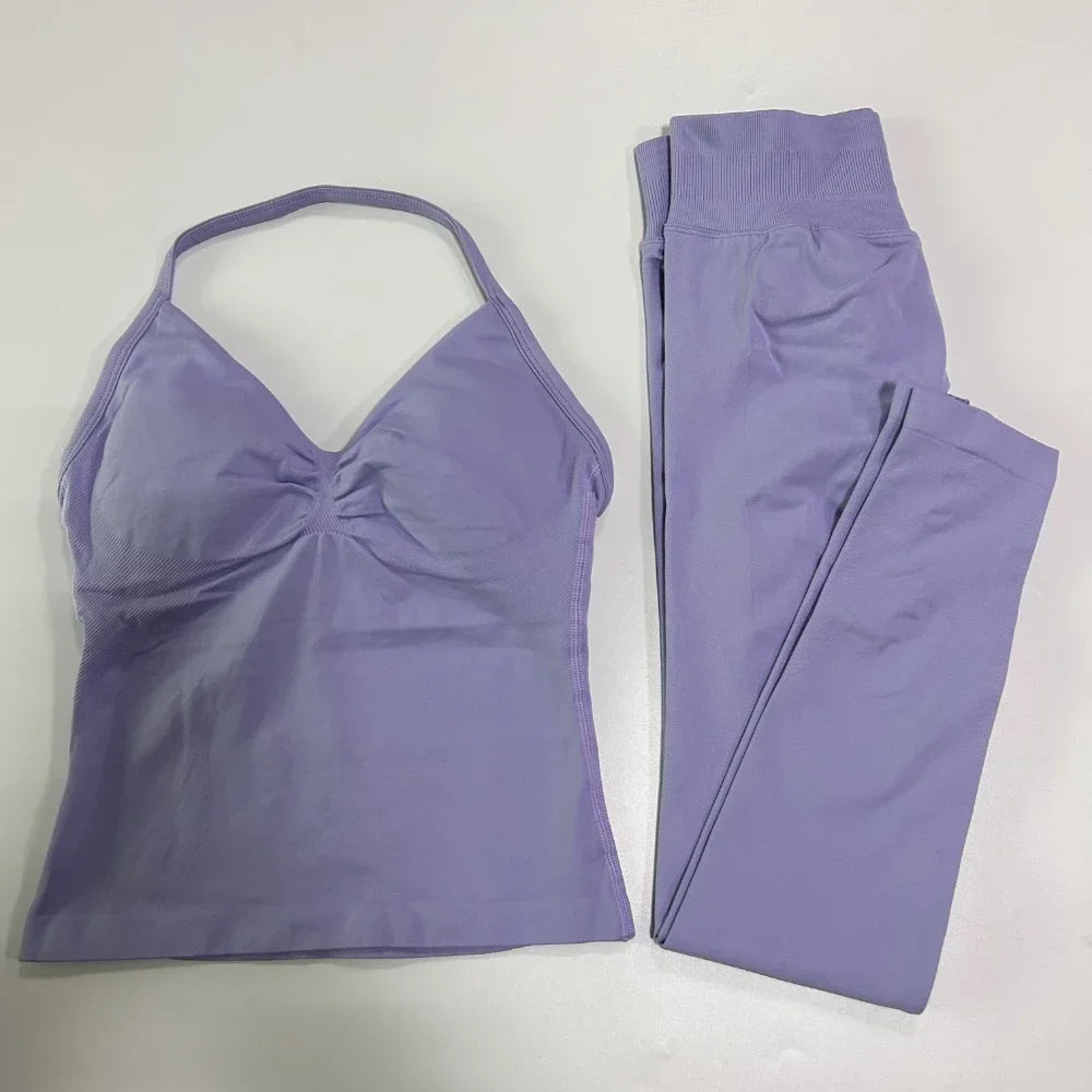 2Pcs Gym Set Women Backless Tank Tops High Waist Scrunch Seamless Shorts Gym Suit Fitness Clothes Activewear Workout Set