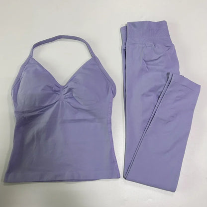 2Pcs Gym Set Women Backless Tank Tops High Waist Scrunch Seamless Shorts Gym Suit Fitness Clothes Activewear Workout Set