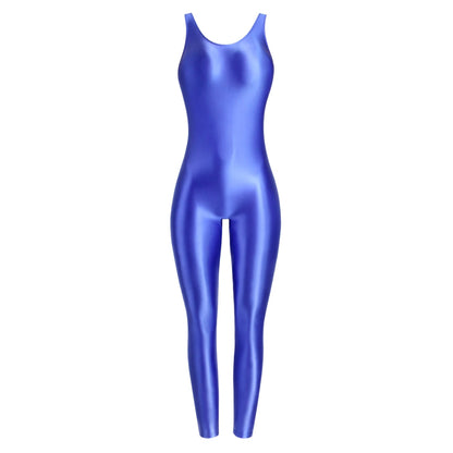 MJINM Glossy Spandex Smooth Stretch Sleeveless Bodybuilding Yoga Tight Vest Footless Leggings Jumpsuit Bodysuit Catsuit Playsuit