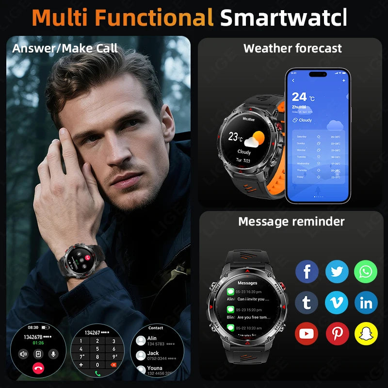 LIGE 2026 New Professional GPS Track Sports Smartwatch Outdoor RIDE Run Compass Altimeter 3ATM Fitness Bracelets 540mAh Watches