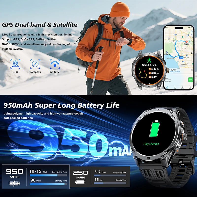 1.75-inch Built-in GPS Professional Outdoor SmartWatch New 50 Meter Waterproof dive Flashlight Bluetooth Call Smart Watches men