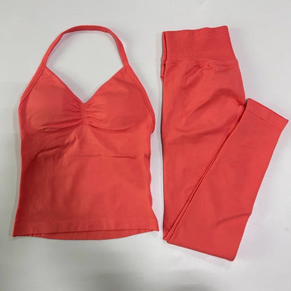 2Pcs Gym Set Women Backless Tank Tops High Waist Scrunch Seamless Shorts Gym Suit Fitness Clothes Activewear Workout Set