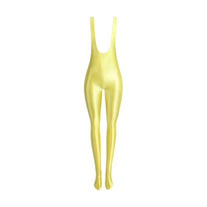 MJINM Glossy Silky Smooth High Stretch Bodybuilding Yoga Sports Tight Leggings Strap Jumpsuit Bodysuit Catsuit Overalls Playsuit