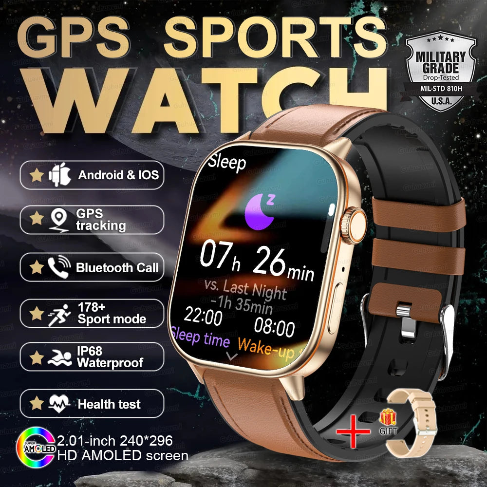 2025 New Outdoor Military GPS Smart Watch 2.01-inch AMOLED Screen BT Call 178+ Sport Mode IP68 Waterproof Smartwatches Man Women