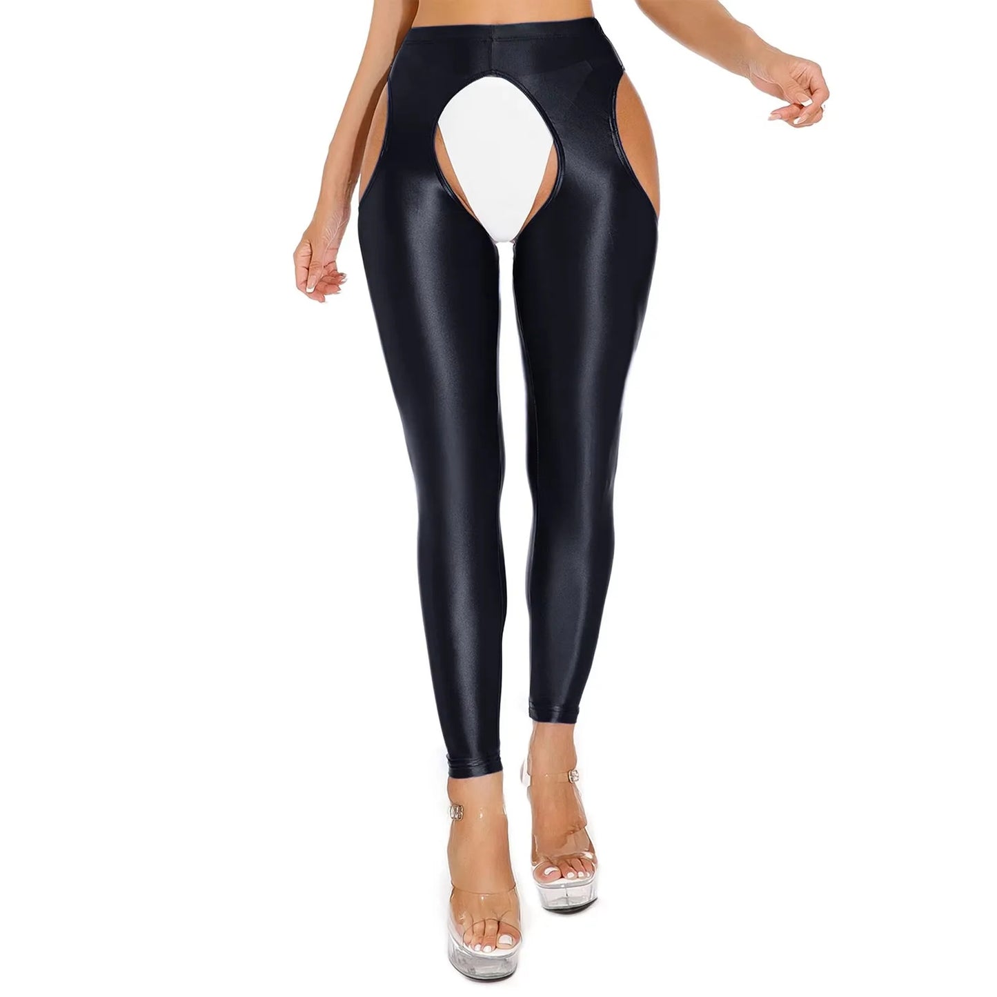 Womens Shiny Glossy High Waisted Cutout Open Crotch Leggings Hollow Out Crotchless Stretchy Tights Pencil Pants Long Trousers