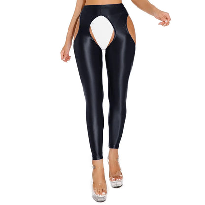 Womens Shiny Glossy High Waisted Cutout Open Crotch Leggings Hollow Out Crotchless Stretchy Tights Pencil Pants Long Trousers