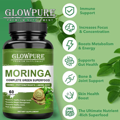 Pure Moringa Capsules - Energy, Skin, Immune & Gut Health Superfood, Rich in Antioxidants, Essential Vitamins & Amino Acids