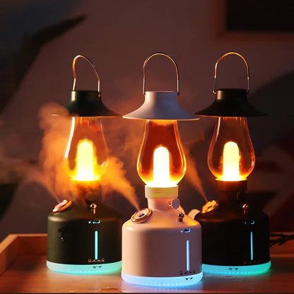 Wireless Air Humidifier Camping Lamp Aromatherapy Diffuser with LED Light USB Chargeable Retro Kerosene Lamp Mist Maker for Home